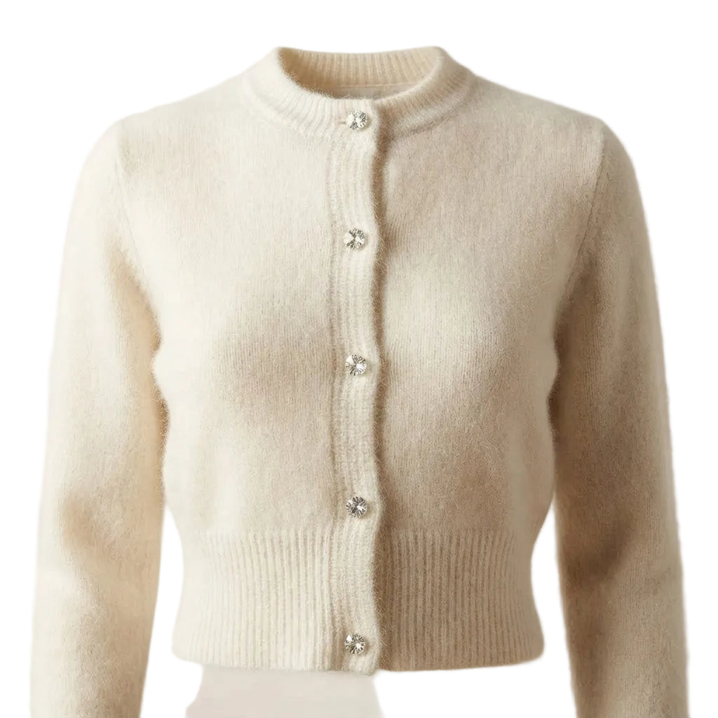 A cream-colored knit cardigan sweater with a crew neck, button closure, and ribbed hem, displayed on a mannequin against a light beige background.