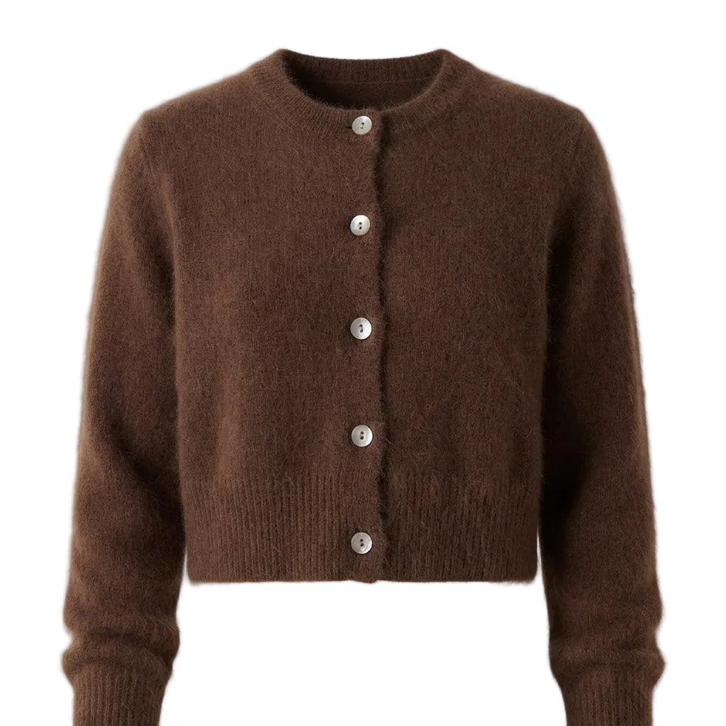 A cropped brown knit cardigan sweater with a crew neck and silver buttons, shown against a plain light beige background.
