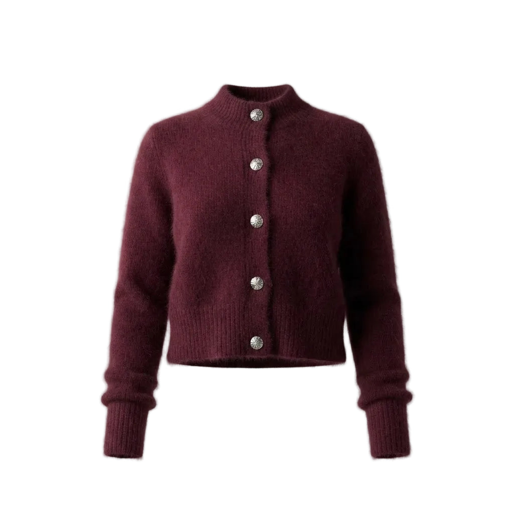 A cropped, long-sleeve knit cardigan in deep burgundy with a stand-up collar and five silver buttons, shown against a light gray background.
