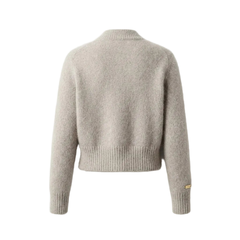 A cropped, long-sleeve knit sweater in a soft taupe-beige color, shown from the back against a plain light gray background.