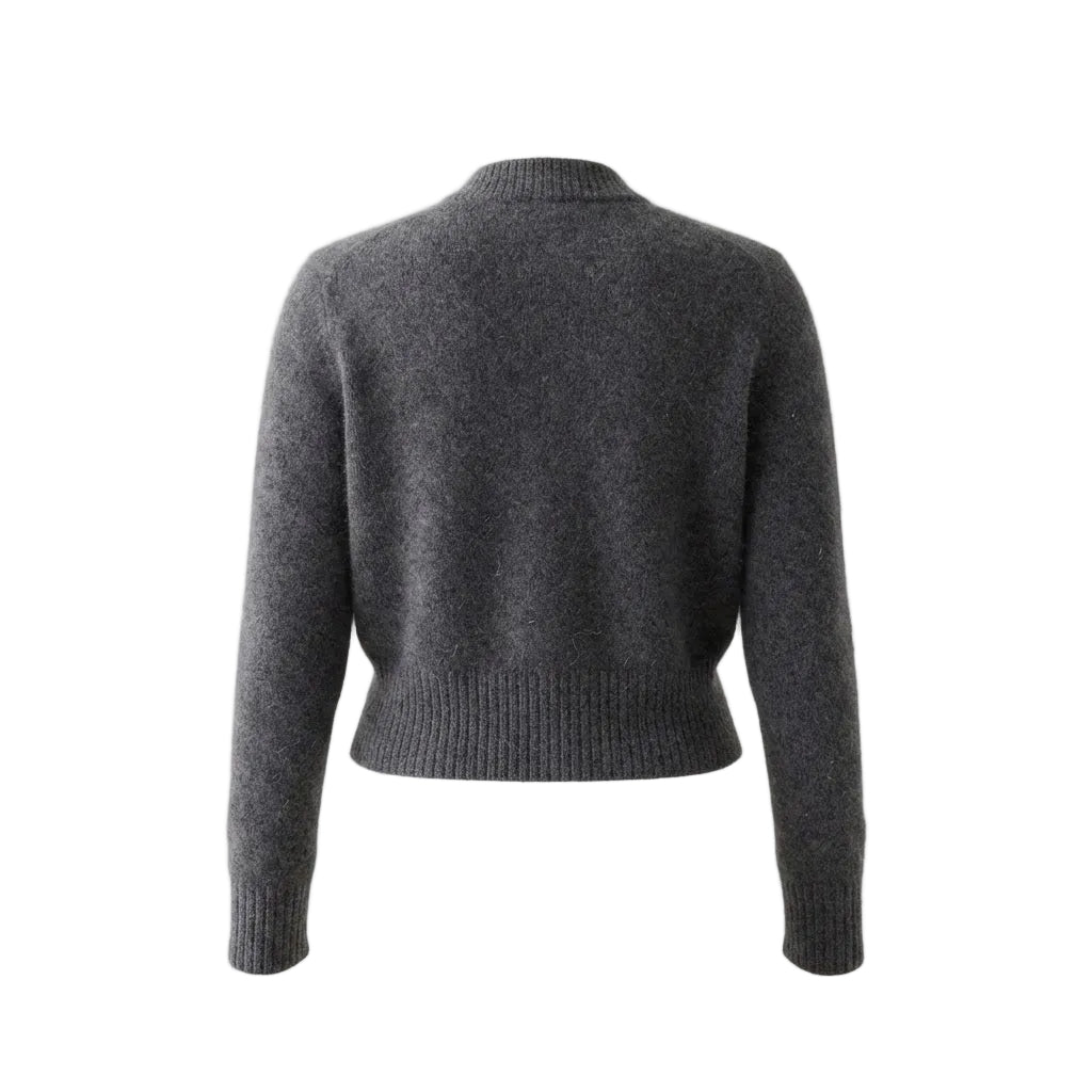 A dark gray cropped knit sweater with long sleeves, ribbed collar, cuffs, and hem, shown from the back on a light gray background.