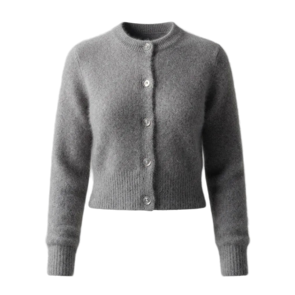 A light gray fuzzy knit cardigan sweater with a crew neck and front button closure, displayed on a neutral light gray background.