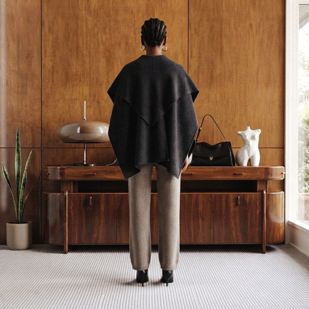 A person stands with their back to the camera wearing a dark charcoal draped cape-style top and beige trousers in a warm wood-paneled room.