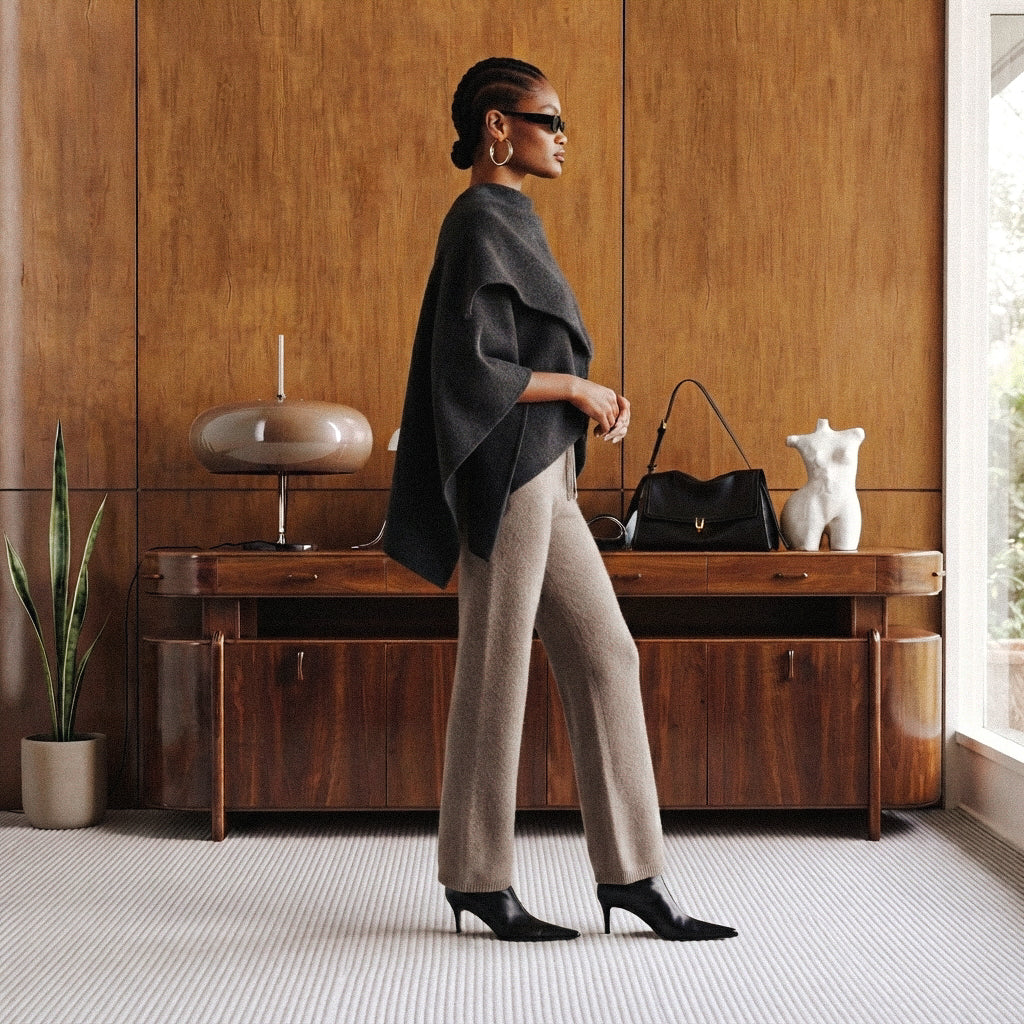 A woman stands in profile in a stylish interior room, wearing a dark charcoal draped poncho, beige wide-leg knit pants, and black pointed-toe heels. She is positioned in front of a mid-century modern wooden console table with a lamp, handbag, and decorative objects.