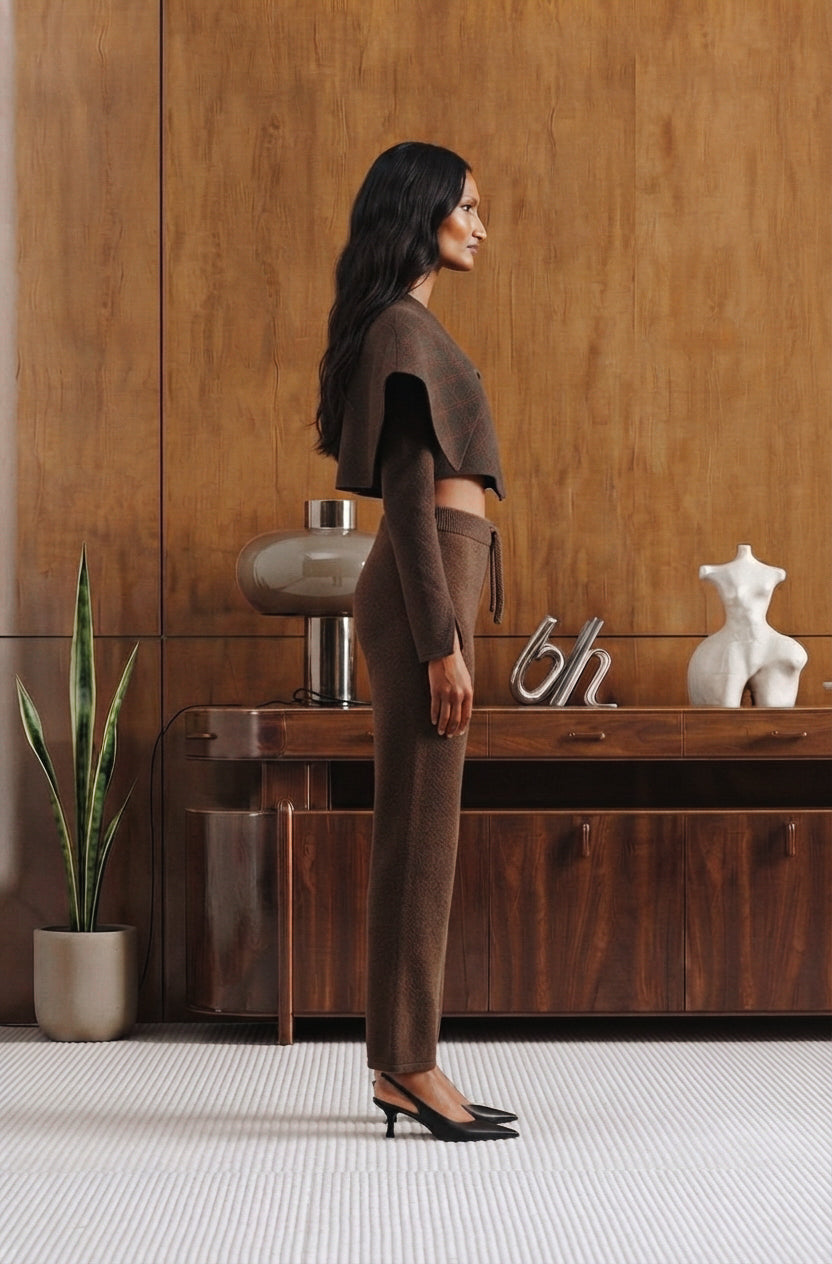 A woman stands in profile wearing a matching brown cropped long-sleeve top and straight-leg pants set, paired with black pointed heels, in a modern room with a wood-paneled wall and a wooden console table.