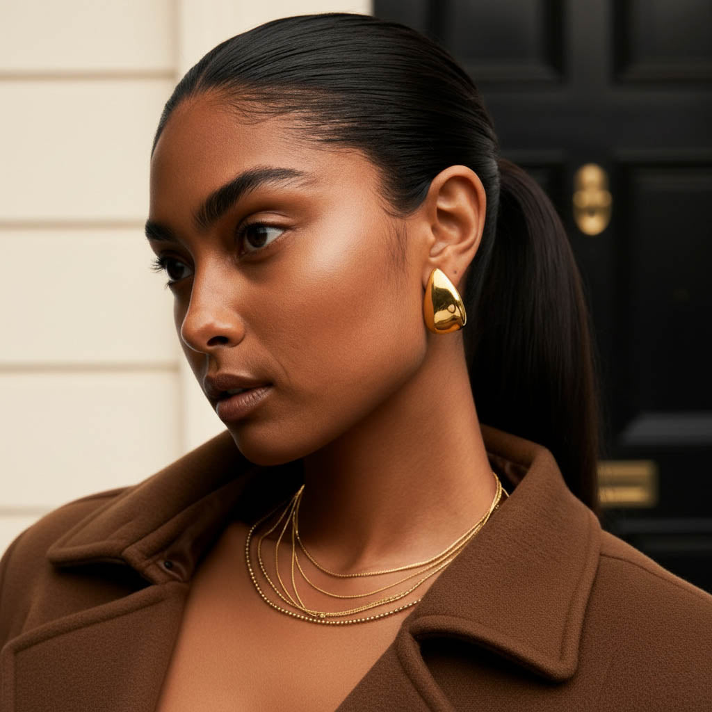 Molten Sculptural Earrings worn – statement gold tarnish-free by BILARRI