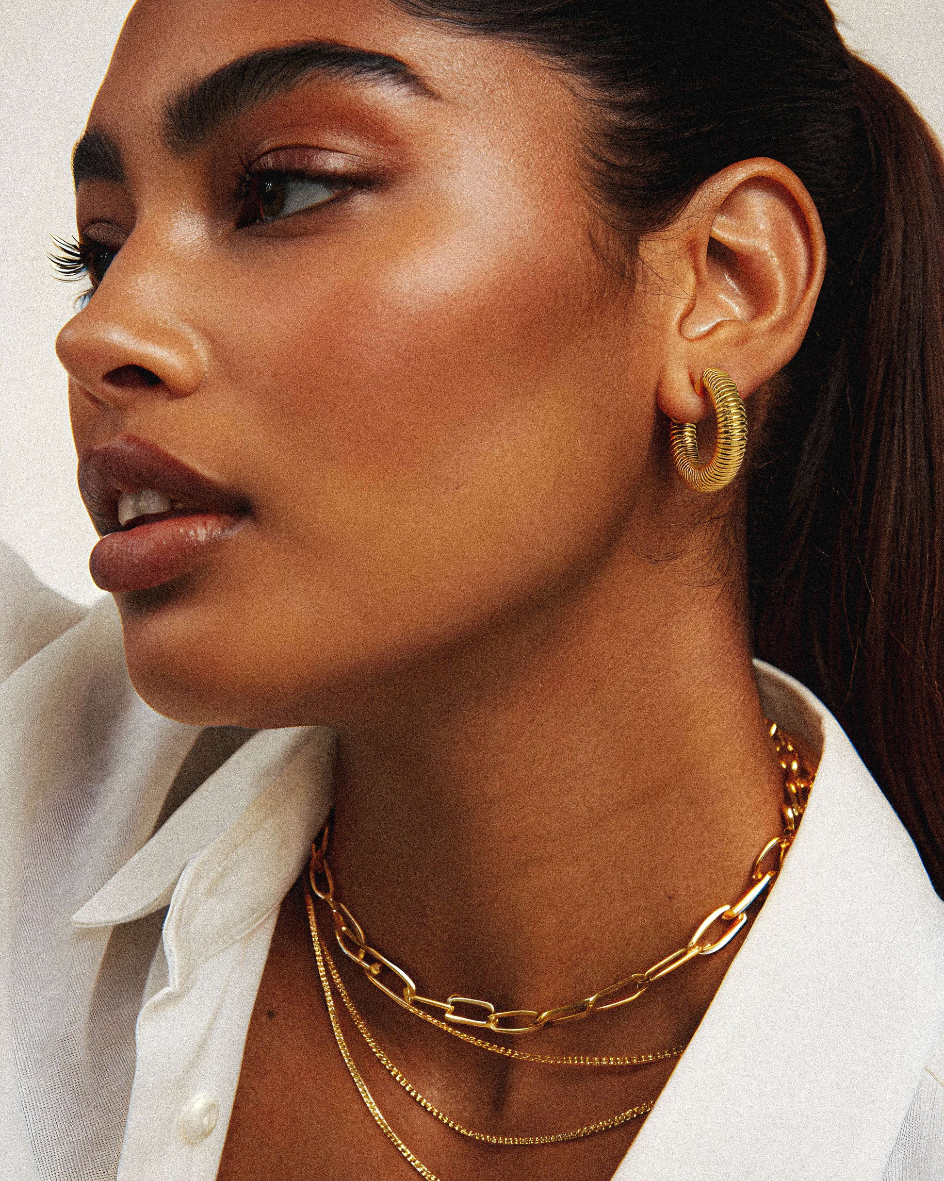 Park Huggie Hoop Earrings worn – tarnish-free waterproof by BILARRI