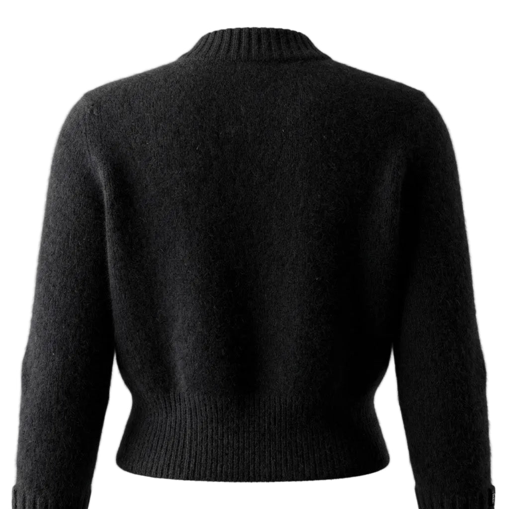 A black knit sweater with a mock neck, long sleeves, and ribbed hem and cuffs, shown from the back on a light gray background.