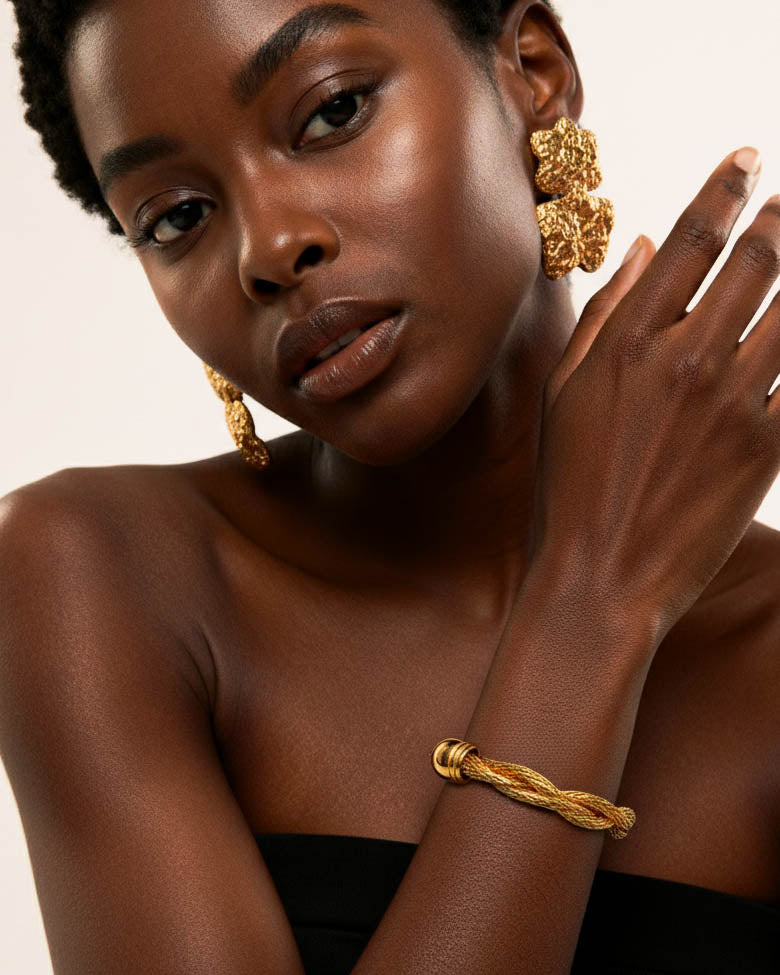 Gilded Open Cuff Bracelet worn – unisex tarnish-free by BILARRI
