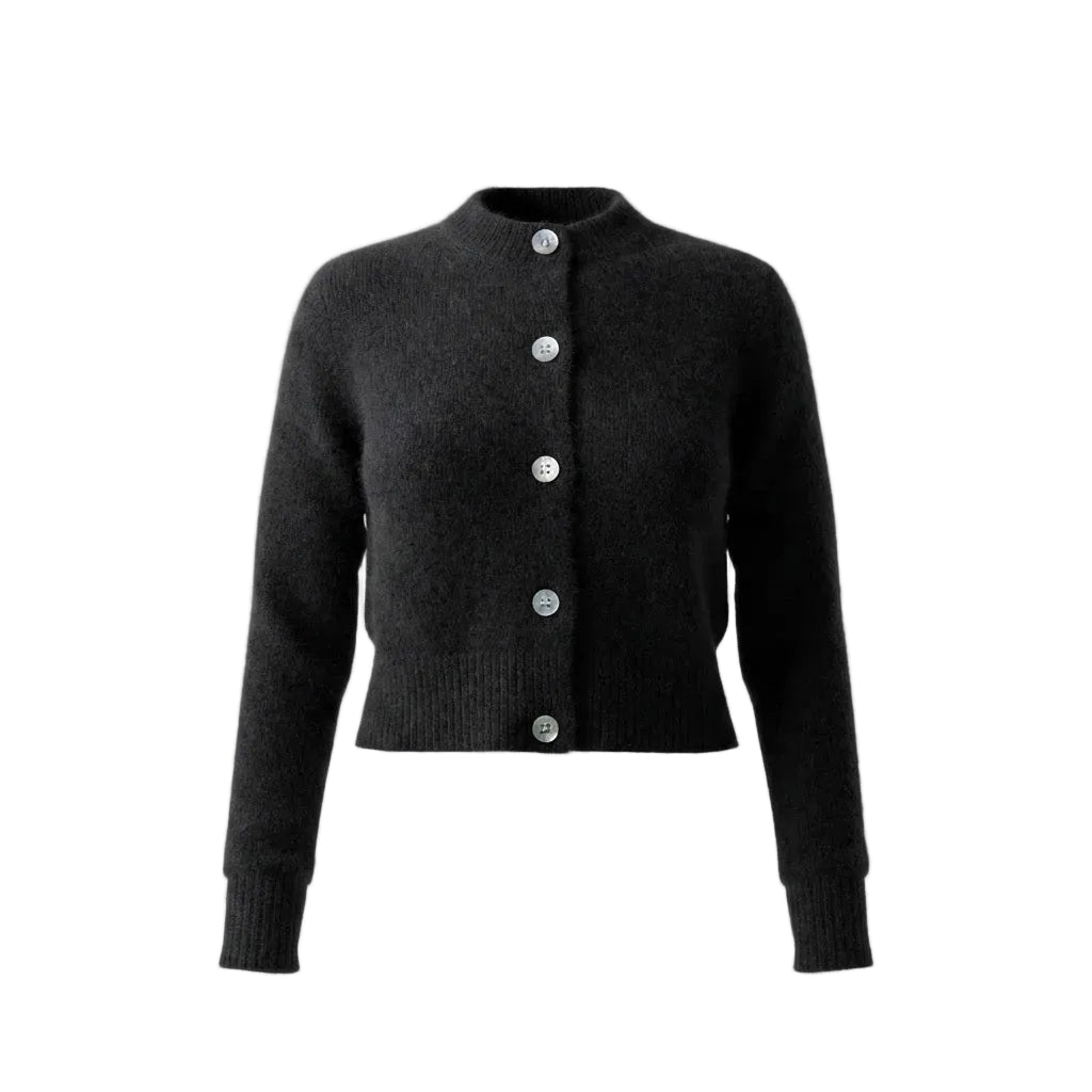 A dark charcoal gray cropped knit cardigan sweater with a stand collar, long sleeves, and five silver buttons down the front, shown on a neutral light gray background.
