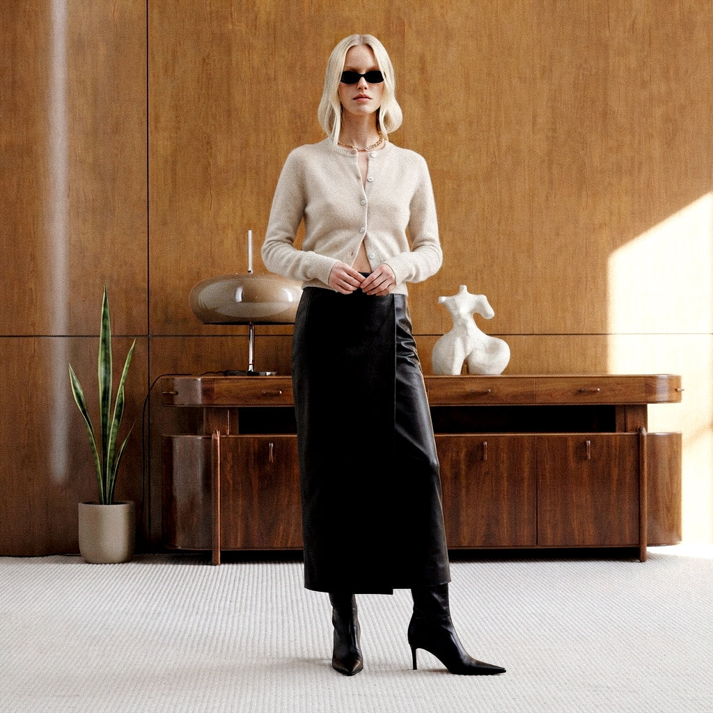 A woman stands in a modern interior wearing a light beige knit long-sleeve top with a front keyhole and black midi skirt, paired with black ankle boots. She is posed in front of a warm wood-paneled wall and a matching wooden console table with decorative objects.
