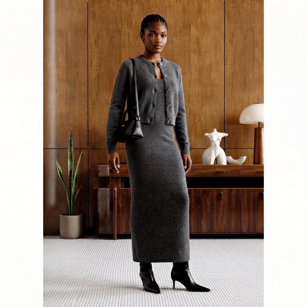 A woman stands in a styled indoor room wearing a dark gray long-sleeve knit cardigan and matching midi dress, with black ankle boots and a black shoulder bag.