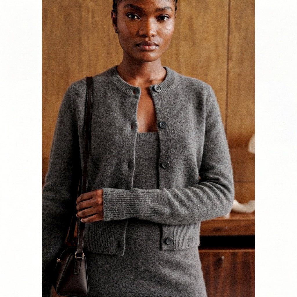 A woman wearing a heather gray ribbed knit cardigan over a matching gray top and skirt, holding a dark brown shoulder bag against a warm wood-paneled background.