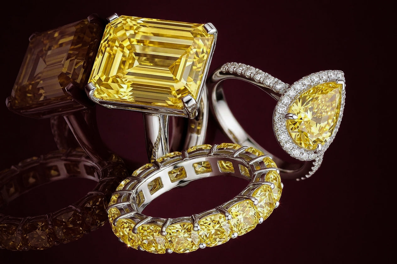 Three yellow diamond rings on a dark background