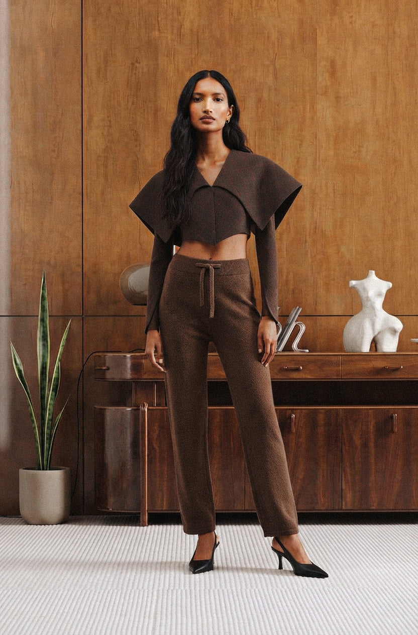 A model stands in a styled indoor room wearing a matching brown two-piece outfit consisting of a cropped long-sleeve top with dramatic draped shoulders and high-waisted drawstring trousers, paired with black pointed heels.