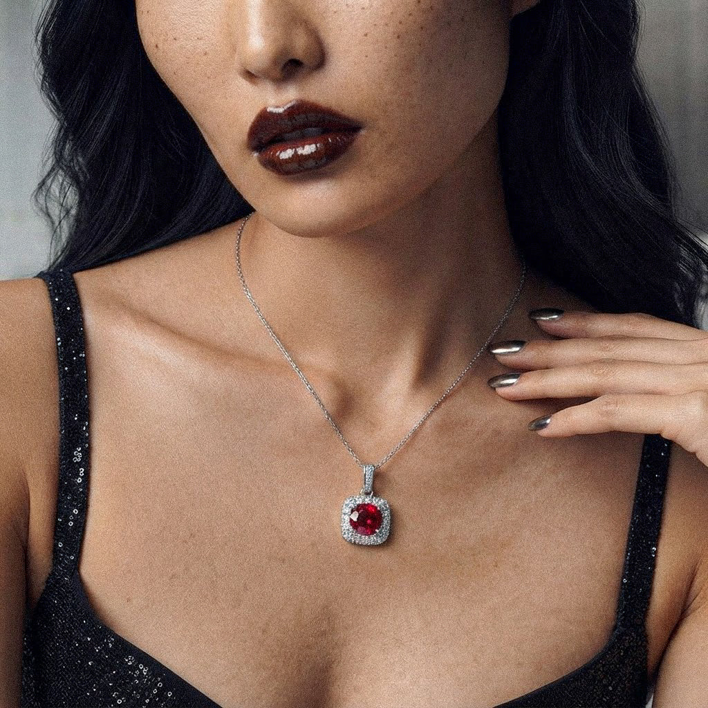 Ruby-Red Cushion Pendant Necklace BILARRI