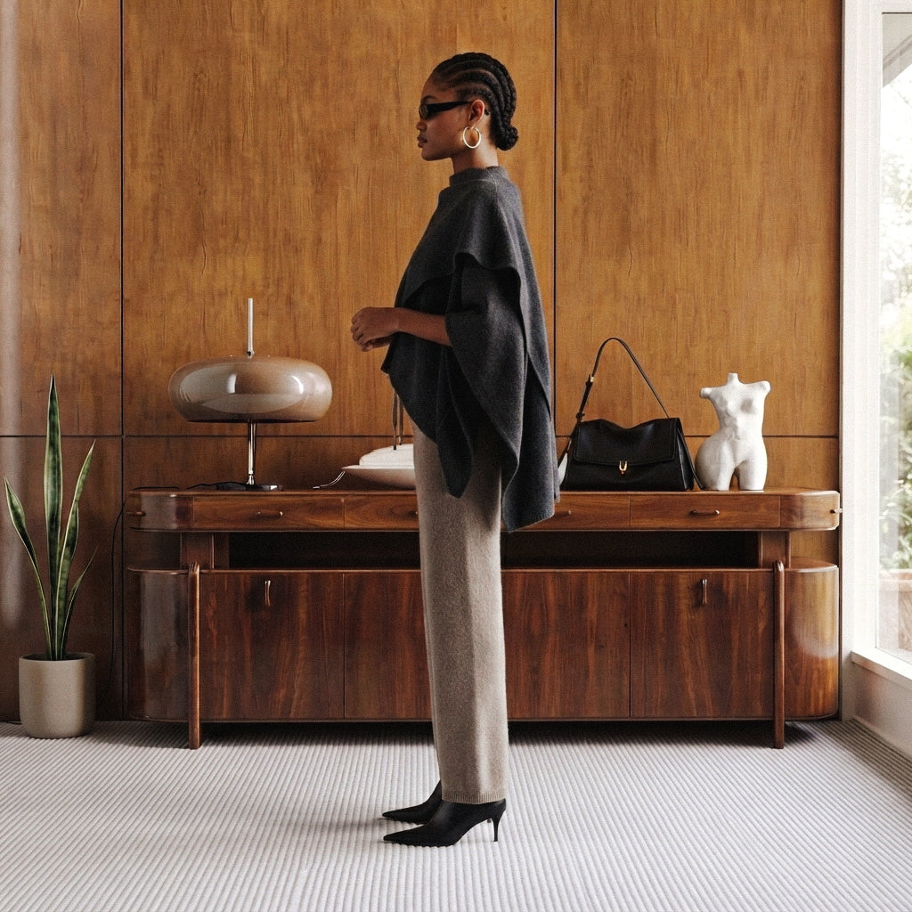 A woman stands in profile in a mid-century modern room, wearing a dark charcoal draped poncho top, light beige wide-leg trousers, and black pointed-toe heels. She is positioned in front of a wooden credenza with a lamp, handbag, and decorative figurine.
