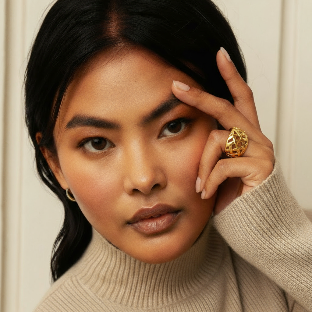 Woman wearing a beige sweater and gold ring with a neutral background
